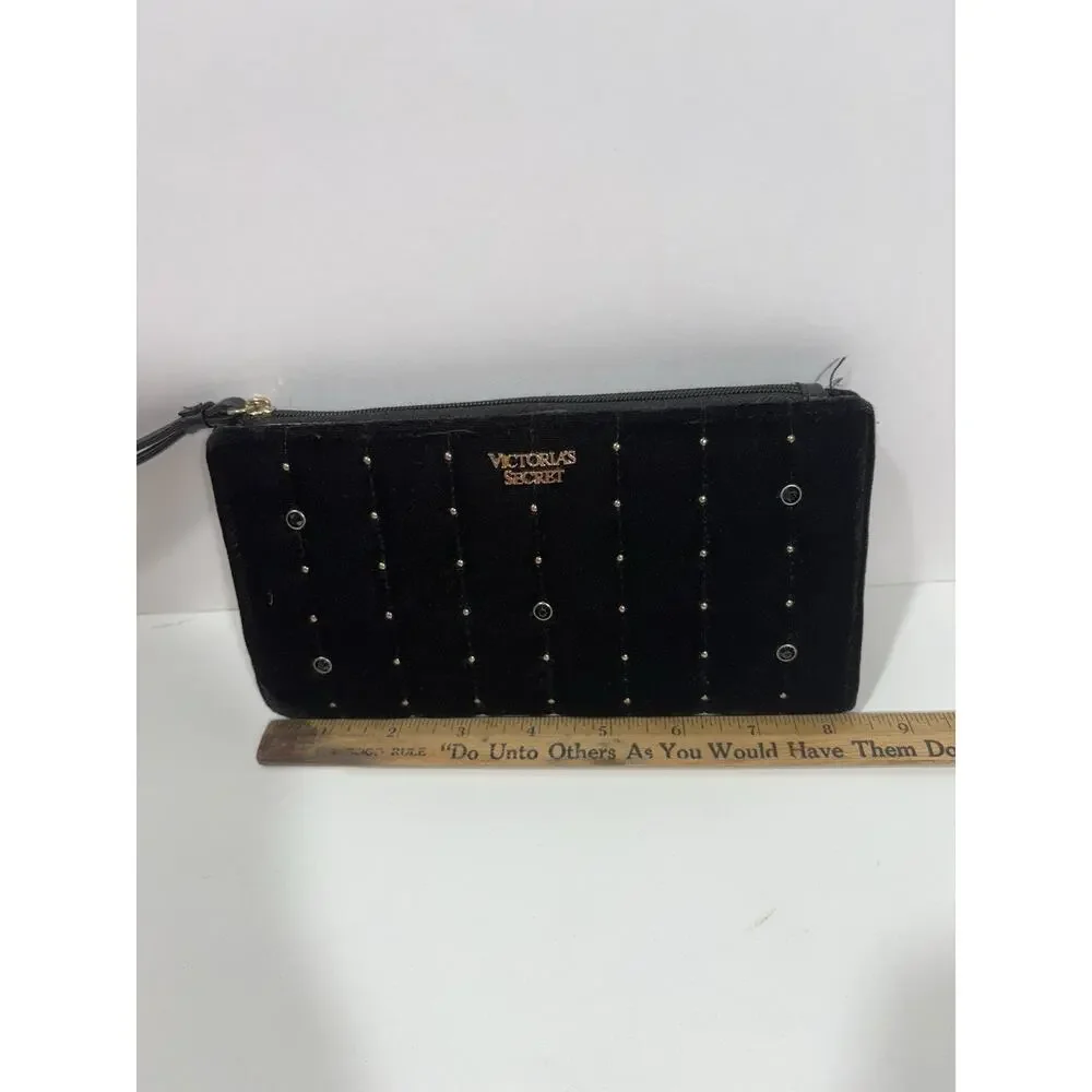 VICTORIAS SECRET VELVET STUDDED‎ CLUTCH WRISTLET WALLET PURSE BLACK GOLD - Picture 5 of 7